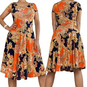 Lauren Ralph A-Line Fit-Flare Dress Small Orange Blue Paisley Drop Waist Stretch